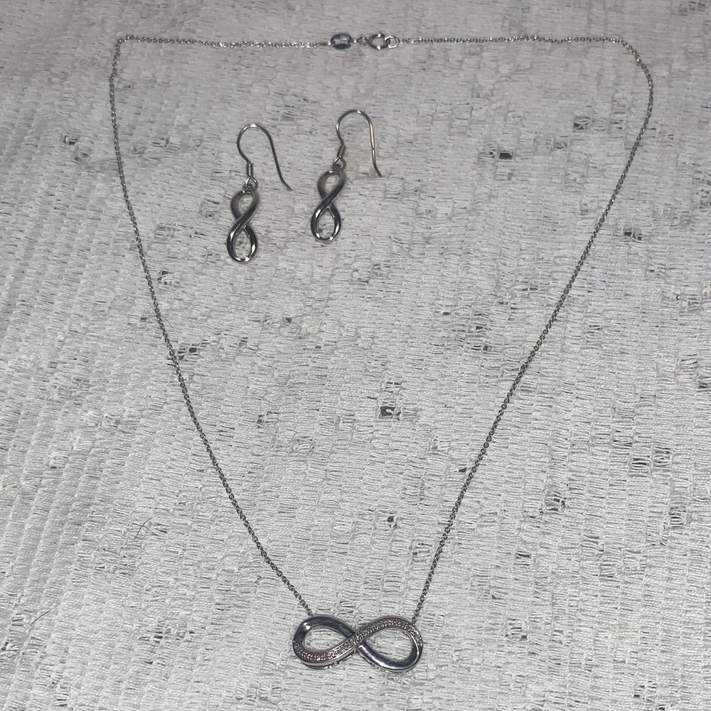 .925 Sterling Silver Infinity Sign Diamond Accented Pendant Necklace and earring